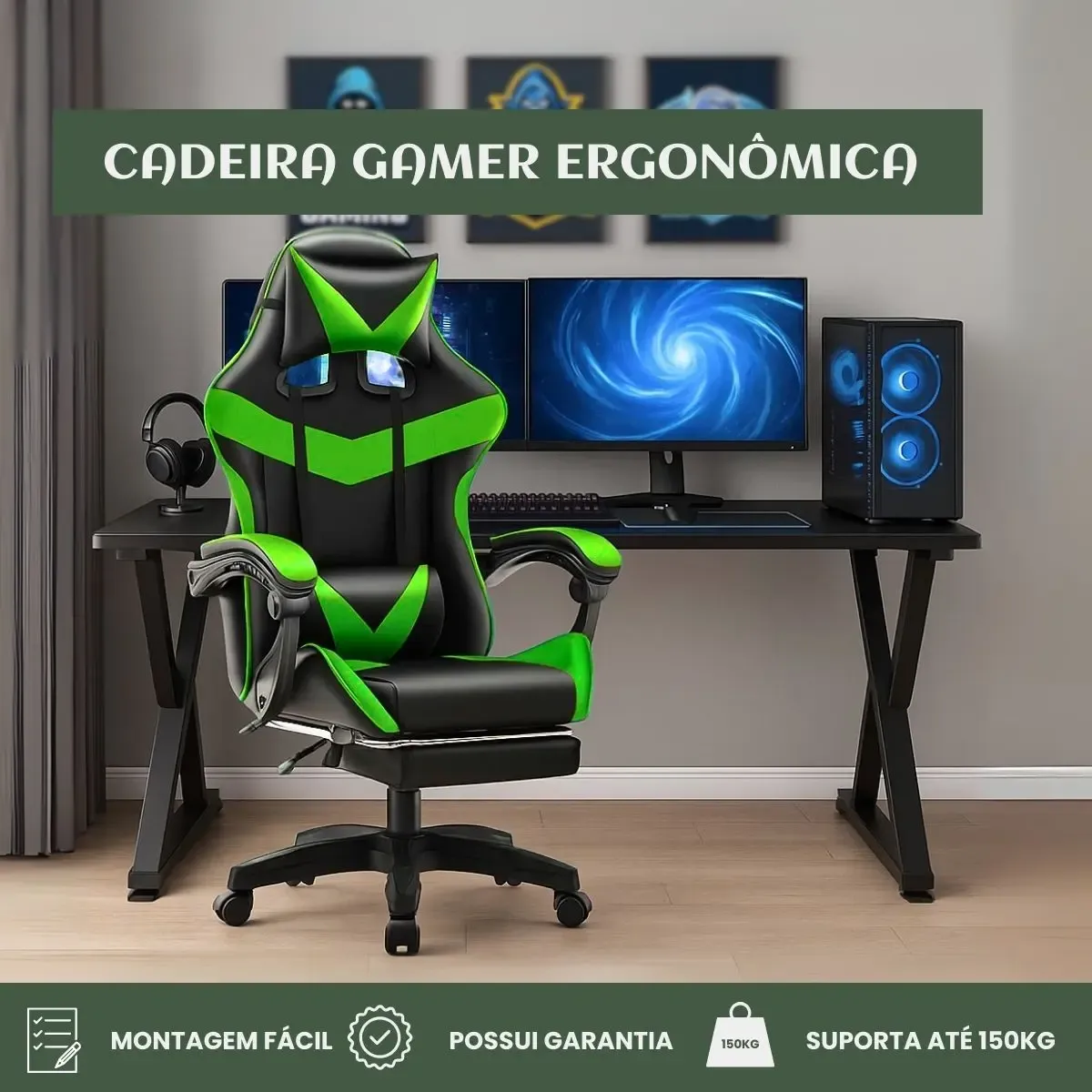 Cadeira De Escritório Gamer Nitro Ergonômica Estofado Couro Sintético Reclinável Altura Ajustável Apoio Para Pés Cor Verde Luvinco - R$ 490,39