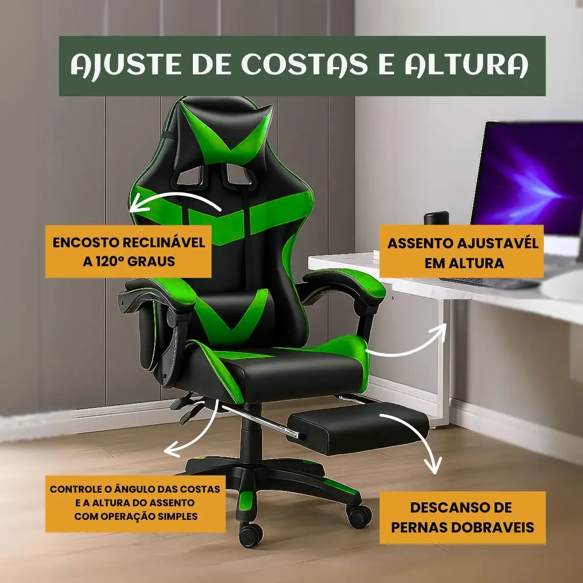 Cadeira De Escritório Gamer Nitro Ergonômica Estofado Couro Sintético Reclinável Altura Ajustável Apoio Para Pés Cor Verde Luvinco - R$ 490,39
