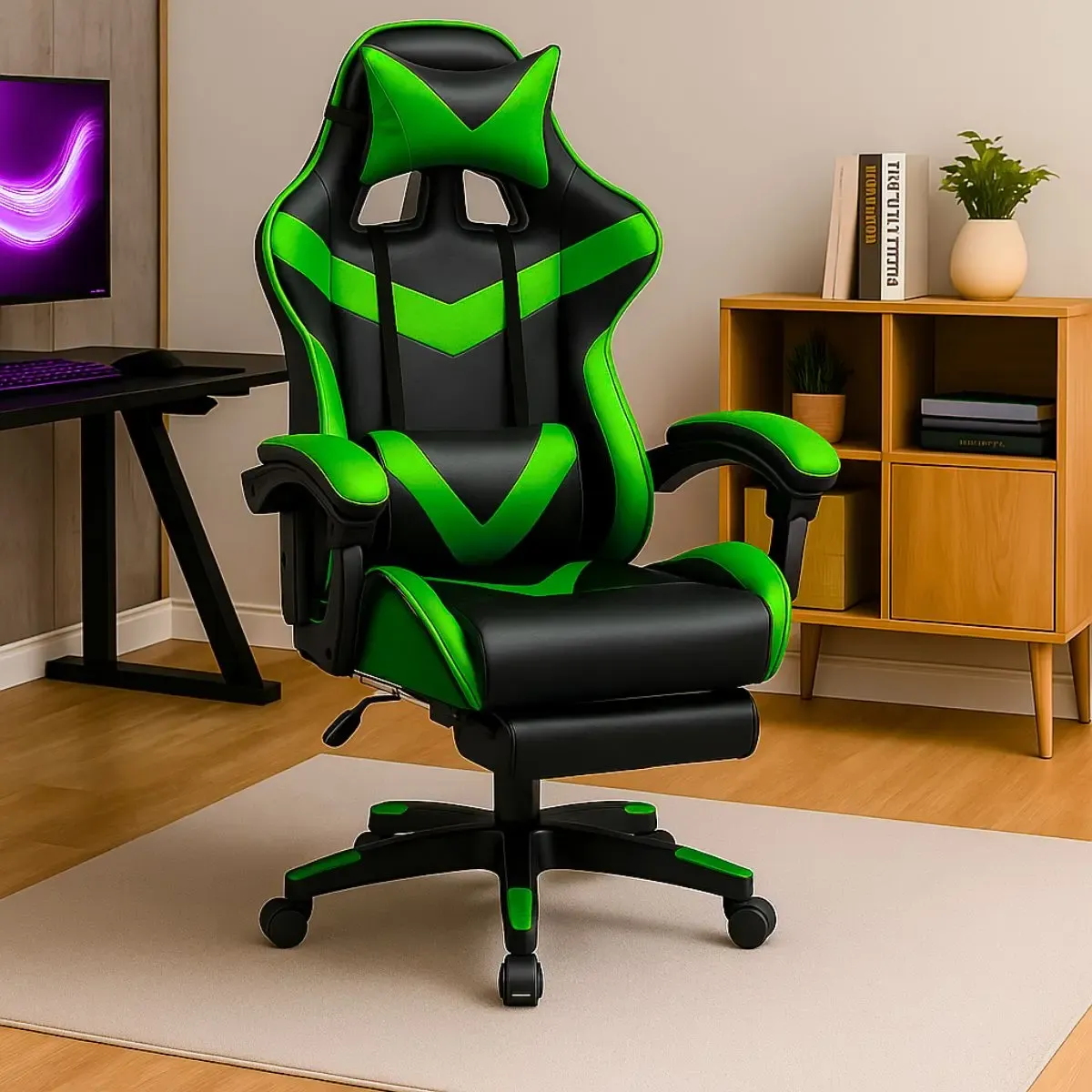 Cadeira De Escritório Gamer Nitro Ergonômica Estofado Couro Sintético Reclinável Altura Ajustável Apoio Para Pés Cor Verde Luvinco - R$ 490,39