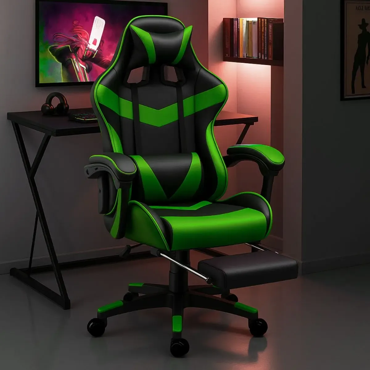 Cadeira De Escritório Gamer Nitro Ergonômica Estofado Couro Sintético Reclinável Altura Ajustável Apoio Para Pés Cor Verde Luvinco - R$ 490,39