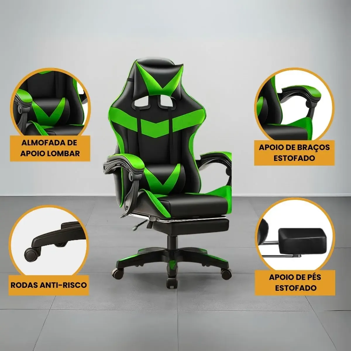 Cadeira De Escritório Gamer Nitro Ergonômica Estofado Couro Sintético Reclinável Altura Ajustável Apoio Para Pés Cor Verde Luvinco - R$ 490,39