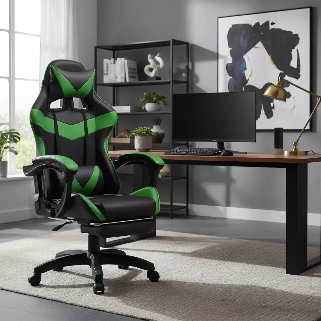 Cadeira De Escritório Gamer Nitro Ergonômica Estofado Couro Sintético Reclinável Altura Ajustável Apoio Para Pés Cor Verde Luvinco - R$ 490,39