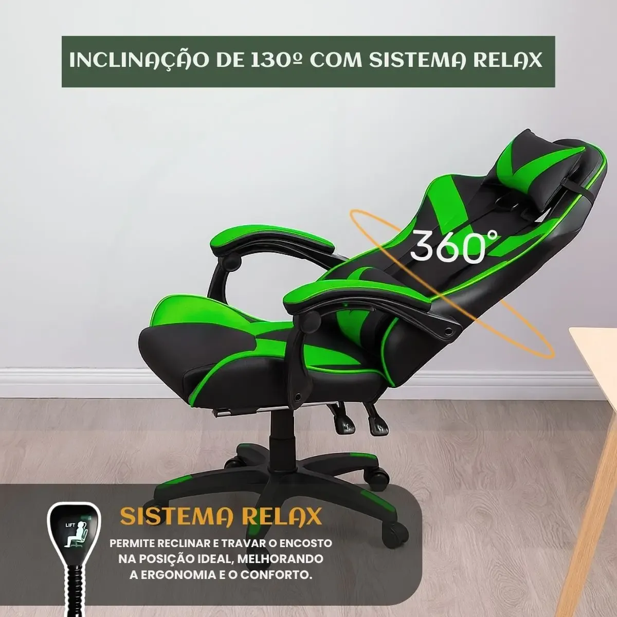 Cadeira De Escritório Gamer Nitro Ergonômica Estofado Couro Sintético Reclinável Altura Ajustável Apoio Para Pés Cor Verde Luvinco - R$ 490,39