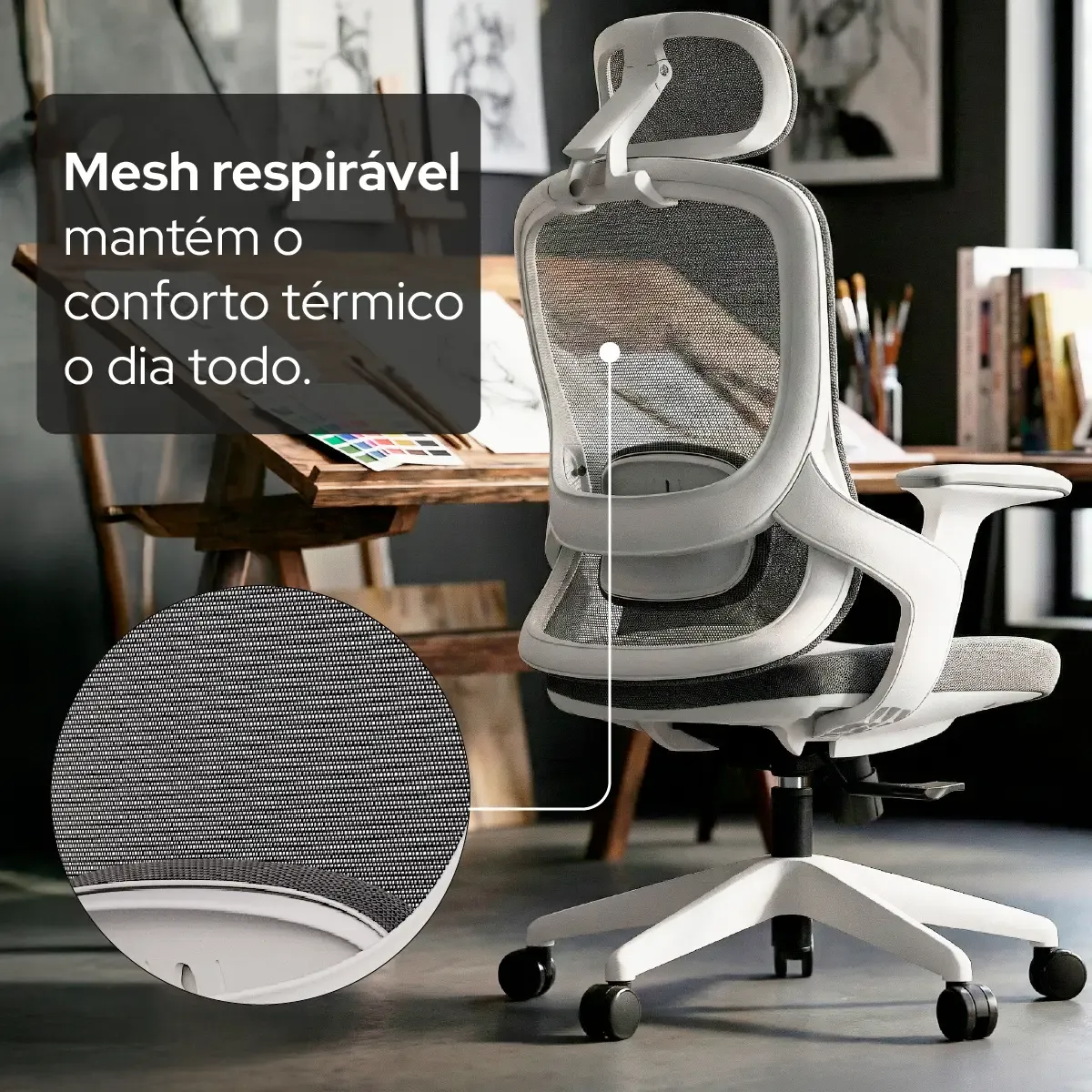 Cadeira Escritório Ergonômica Confortável Elements Alásia Cinza Encosto Em Mesh E Assento Em Espuma 58d NR17 - R$ 1.199