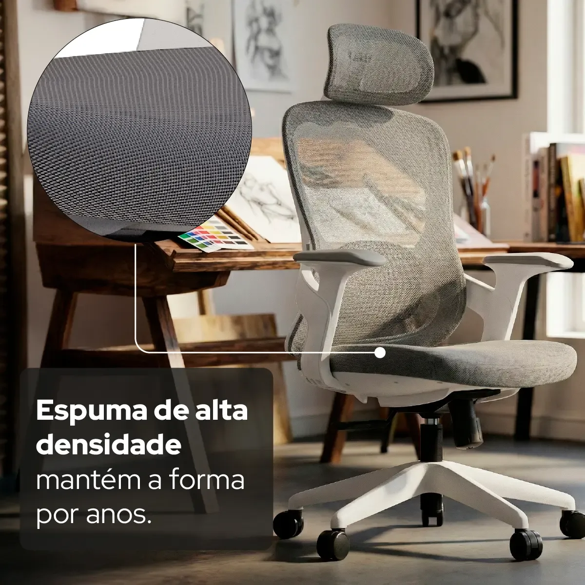 Cadeira Escritório Ergonômica Confortável Elements Alásia Cinza Encosto Em Mesh E Assento Em Espuma 58d NR17 - R$ 1.199
