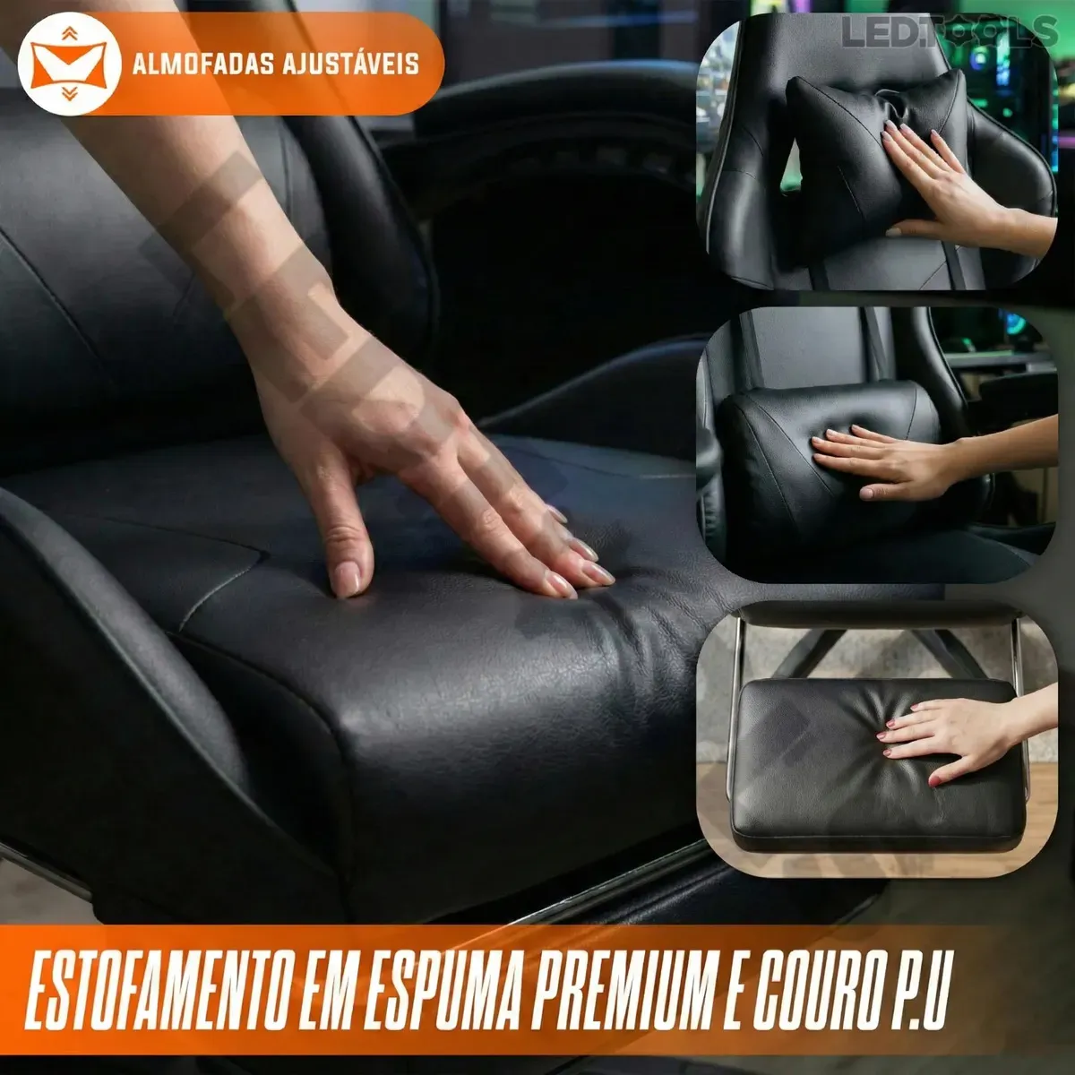 Cadeira Gamer Ergonômica Preta Reclinável Com Apoio dos Pés Led Tools Couro Sintético - R$ 514,08