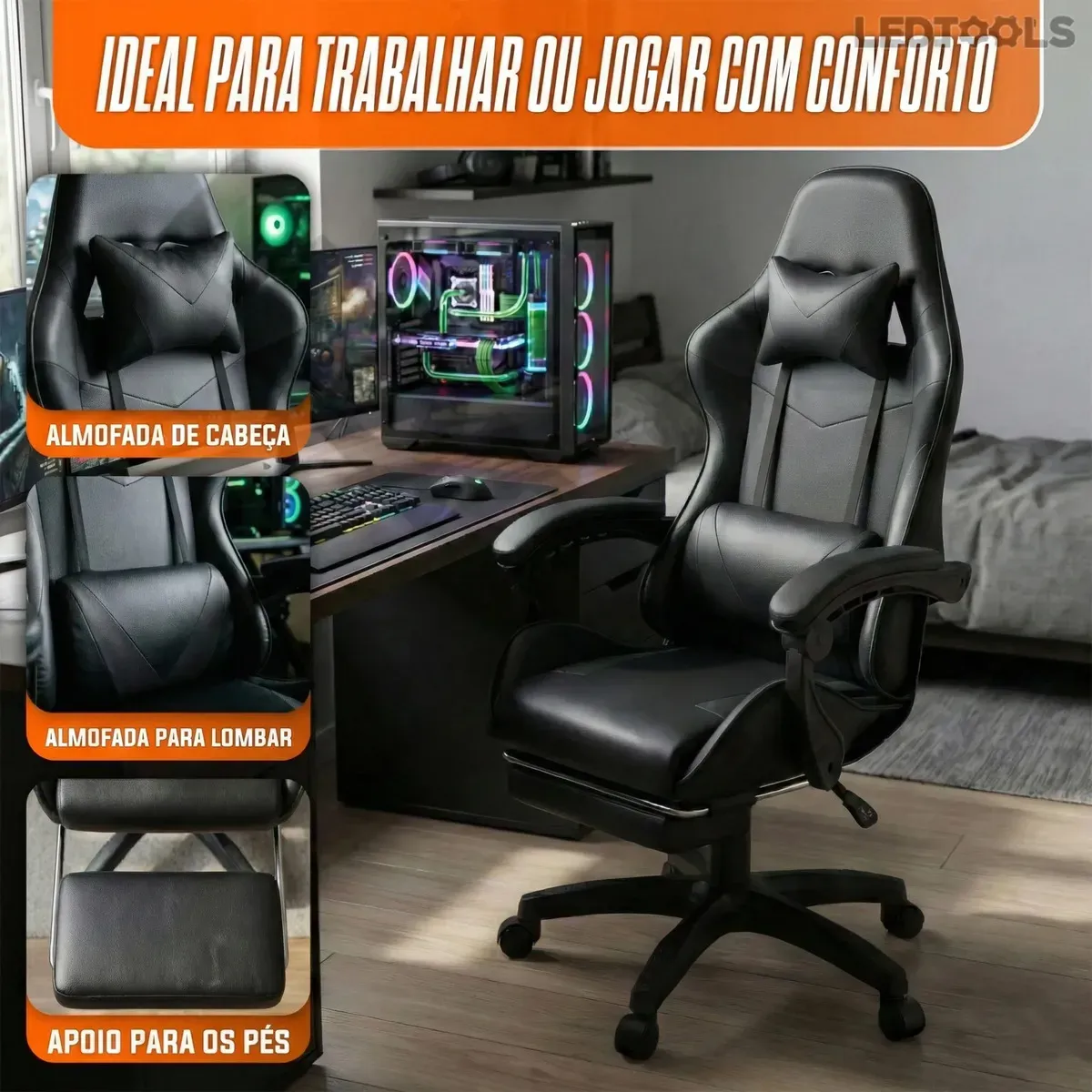 Cadeira Gamer Ergonômica Preta Reclinável Com Apoio dos Pés Led Tools Couro Sintético - R$ 514,08