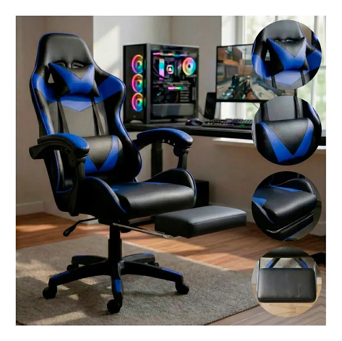 Cadeira Gamer Ergonômica Preta Reclinável Com Apoio dos Pés Led Tools Couro Sintético - R$ 514,08