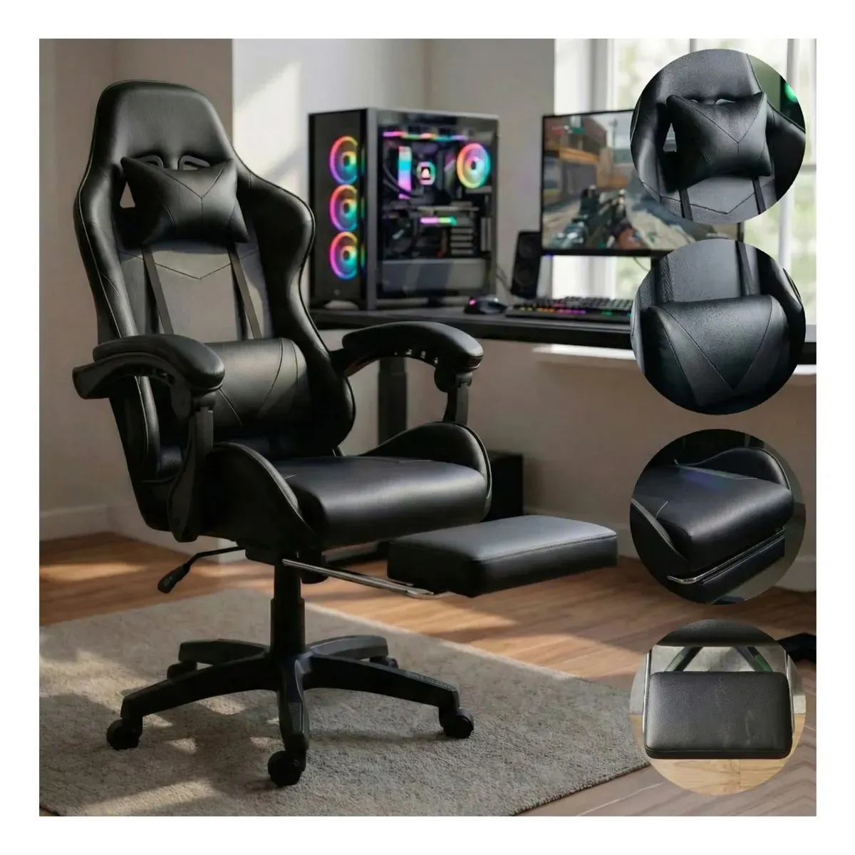 Cadeira Gamer Ergonômica Preta Reclinável Com Apoio dos Pés Led Tools Couro Sintético - R$ 514,08