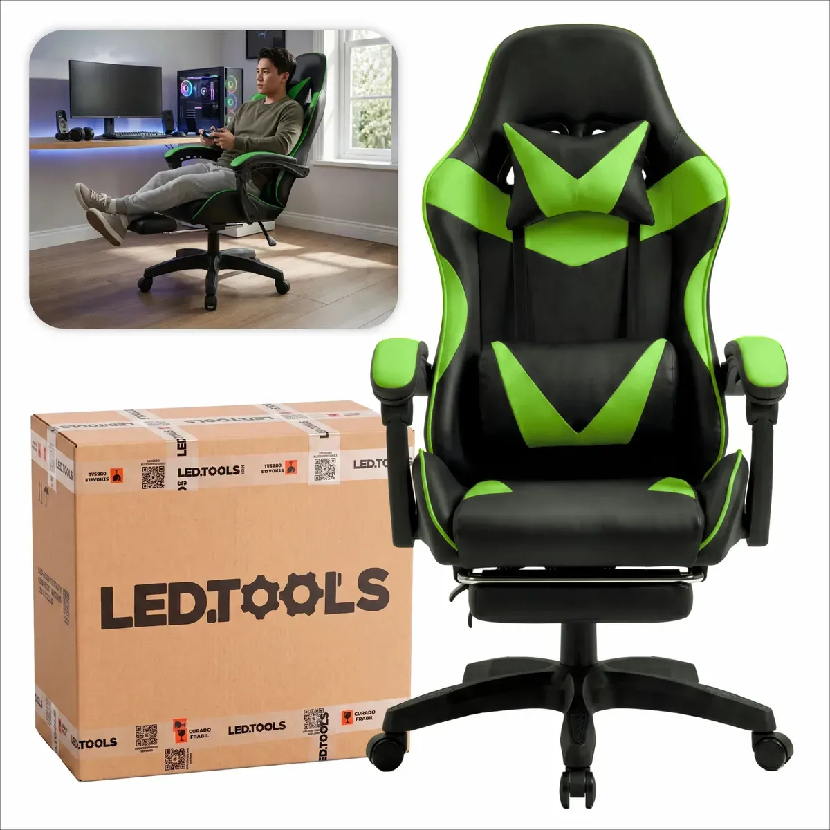 Cadeira Gamer Ergonômica Preta Reclinável Com Apoio dos Pés Led Tools Couro Sintético - R$ 514,08