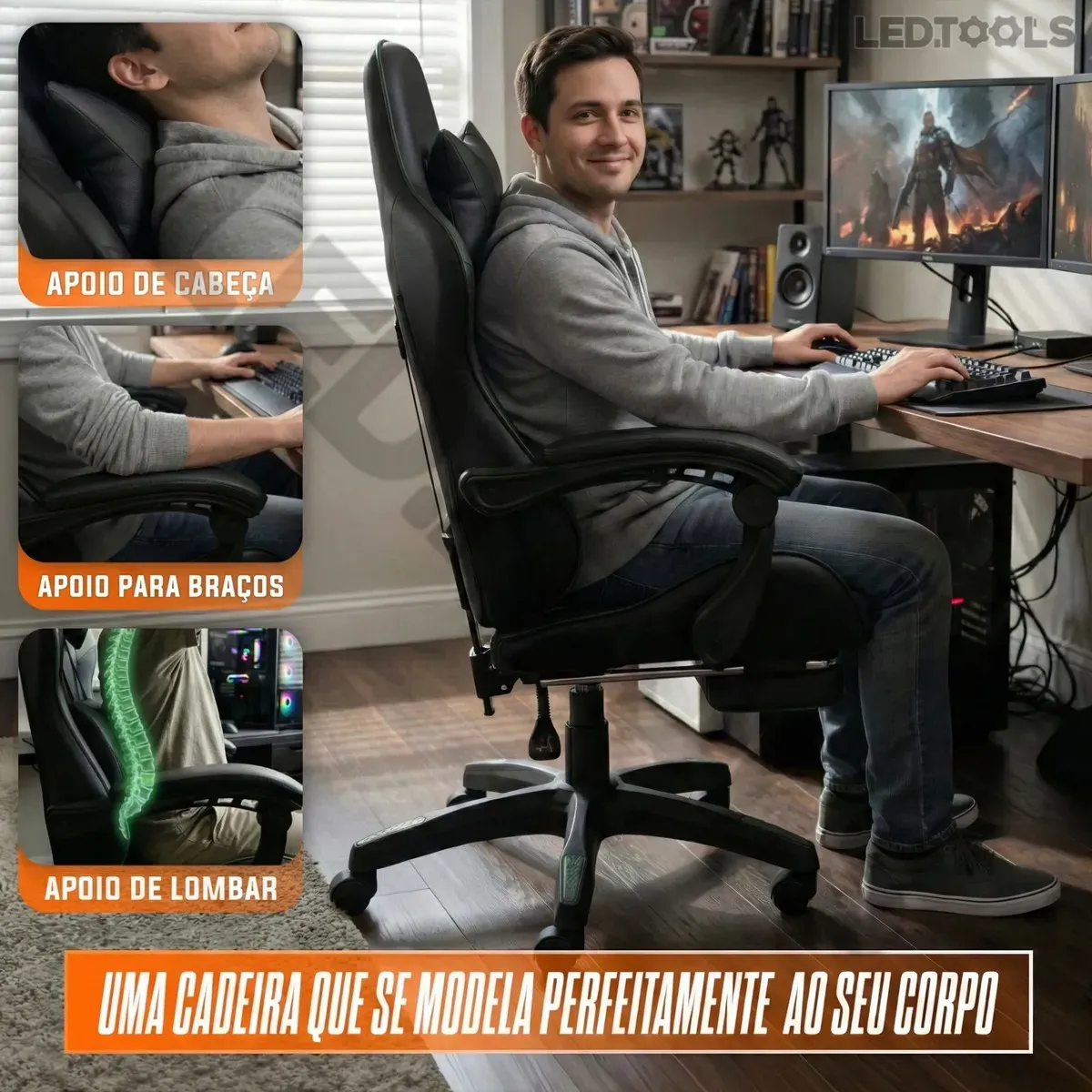 Cadeira Gamer Ergonômica Preta Reclinável Com Apoio dos Pés Led Tools Couro Sintético - R$ 514,08