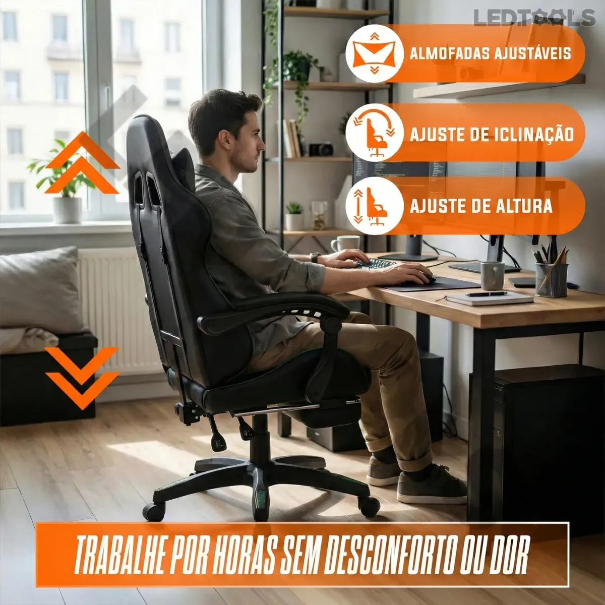 Cadeira Gamer Ergonômica Preta Reclinável Com Apoio dos Pés Led Tools Couro Sintético - R$ 514,08