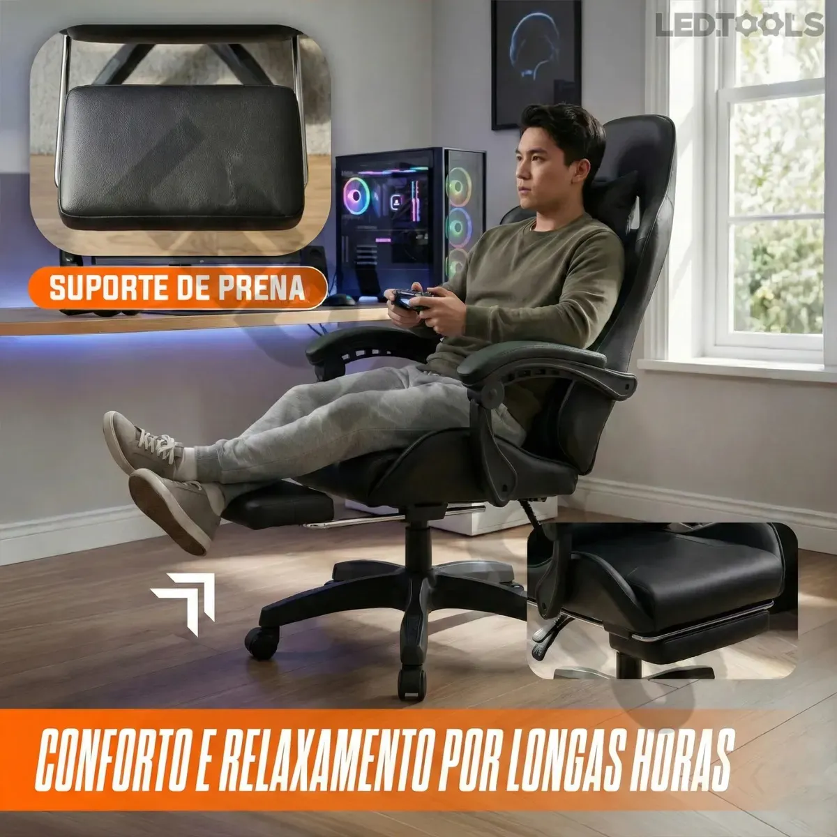 Cadeira Gamer Ergonômica Preta Reclinável Com Apoio dos Pés Led Tools Couro Sintético - R$ 514,08