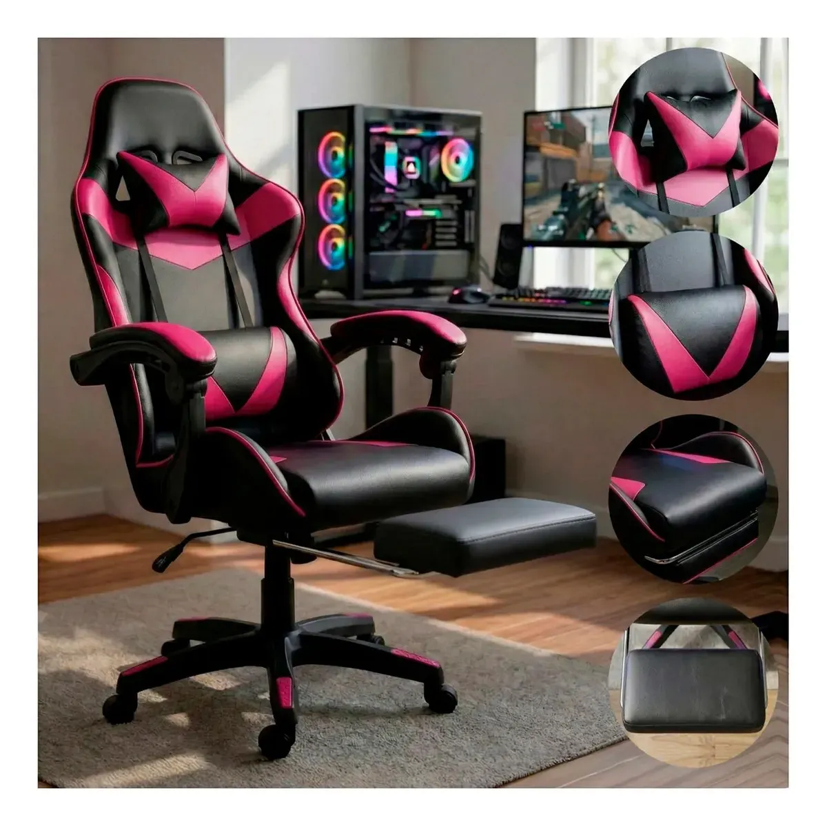 Cadeira Gamer Ergonômica Preta Reclinável Com Apoio dos Pés Led Tools Couro Sintético - R$ 514,08