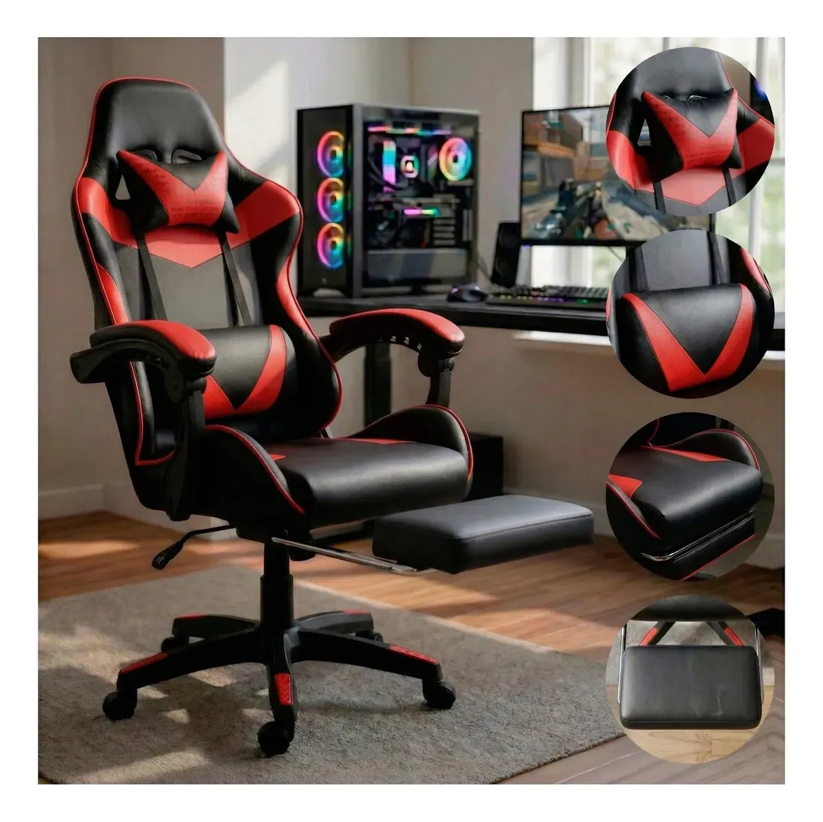 Cadeira Gamer Ergonômica Preta Reclinável Com Apoio dos Pés Led Tools Couro Sintético - R$ 514,08