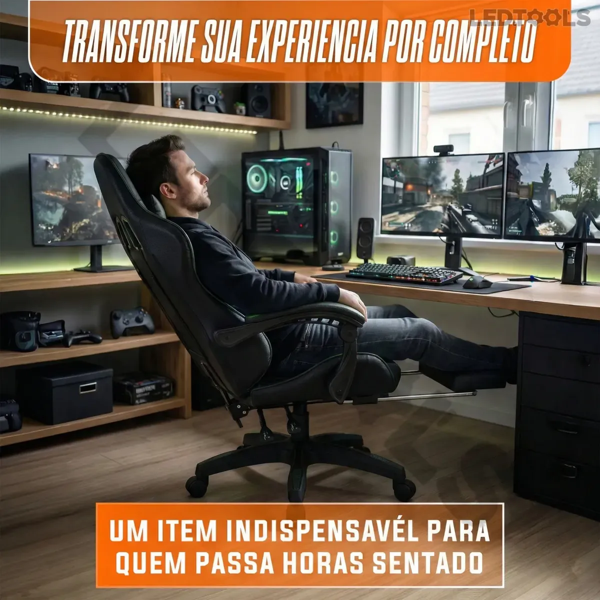 Cadeira Gamer Ergonômica Preta Reclinável Com Apoio dos Pés Led Tools Couro Sintético - R$ 514,08