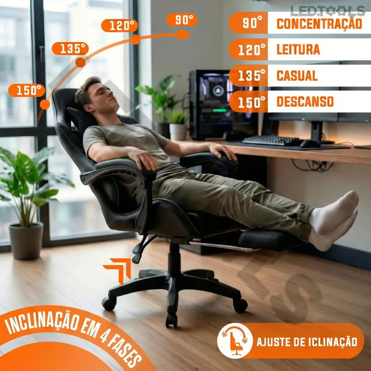 Cadeira Gamer Ergonômica Preta Reclinável Com Apoio dos Pés Led Tools Couro Sintético - R$ 514,08