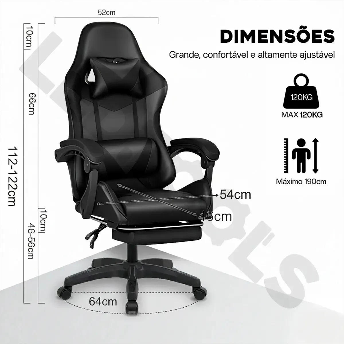 Cadeira Gamer Ergonômica Preta Reclinável Com Apoio dos Pés Led Tools Couro Sintético - R$ 514,08