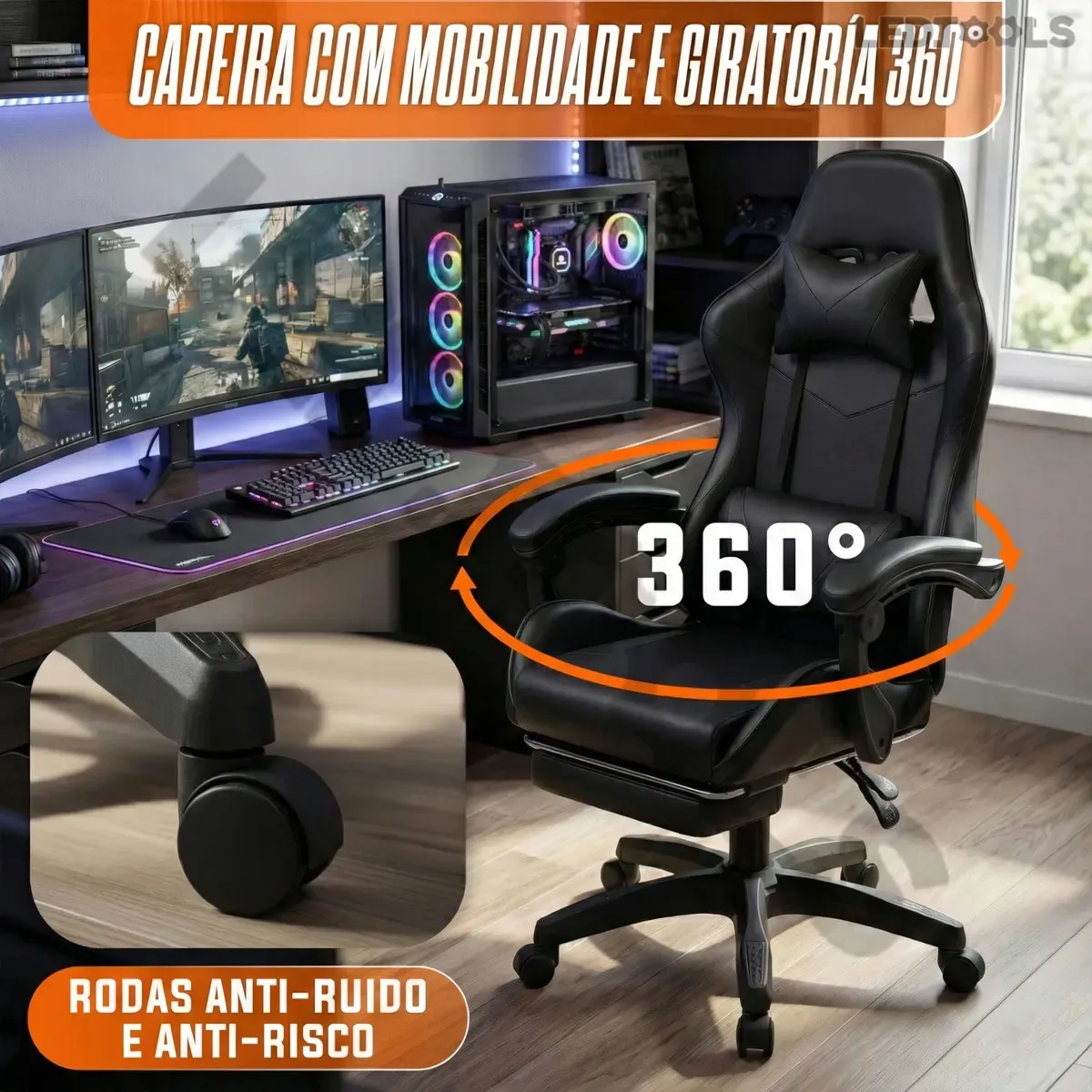 Cadeira Gamer Ergonômica Preta Reclinável Com Apoio dos Pés Led Tools Couro Sintético - R$ 514,08