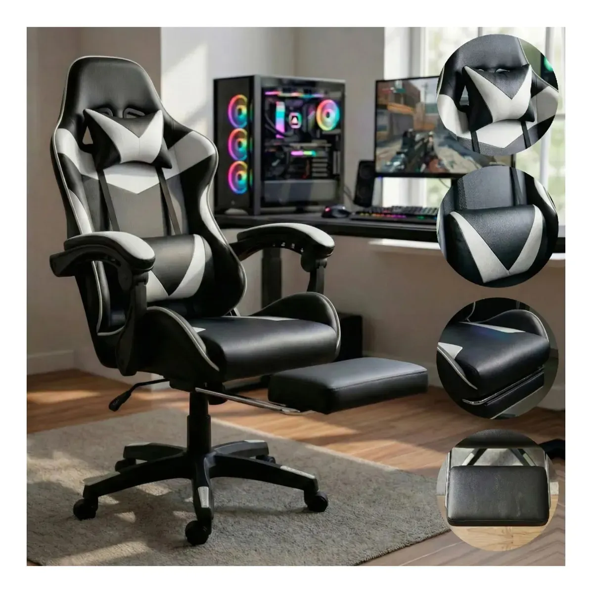 Cadeira Gamer Ergonômica Preta Reclinável Com Apoio dos Pés Led Tools Couro Sintético - R$ 514,08