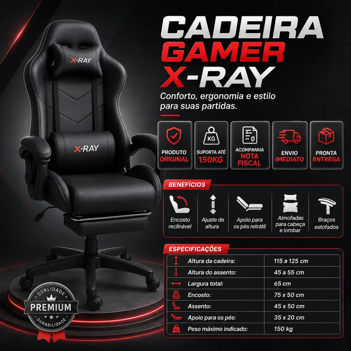 Cadeira Gamer Profissional Reclinável Apoio De Pés Cinza - R$ 529,9