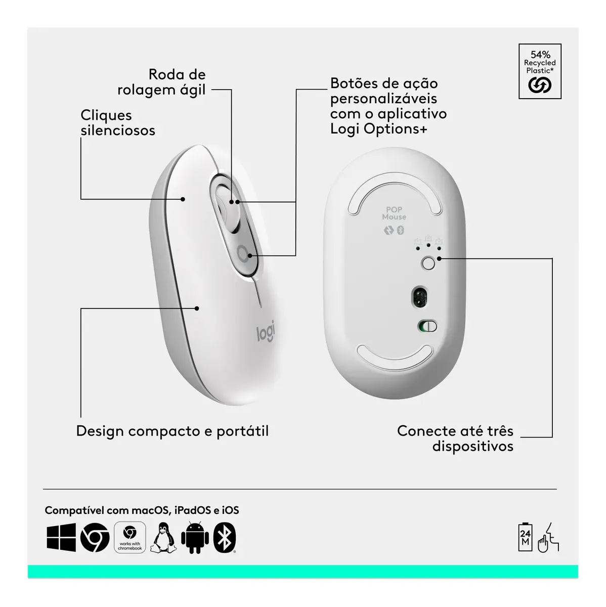 Combo Teclado e Mouse sem fio Logitech POP Icon- Branco - R$ 427,41