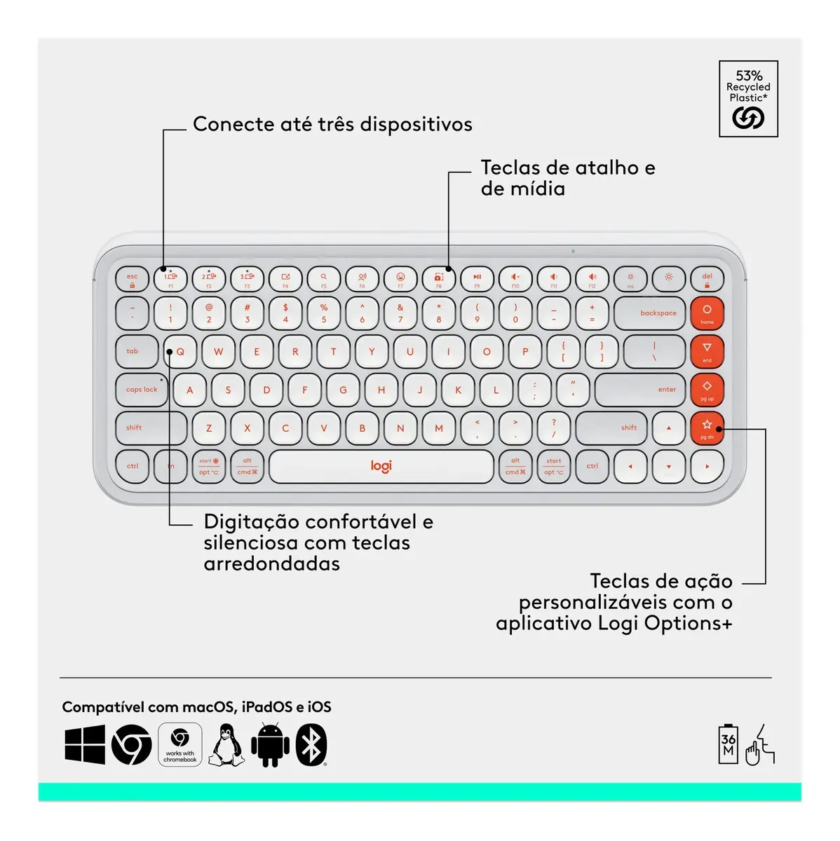 Combo Teclado e Mouse sem fio Logitech POP Icon- Branco - R$ 427,41