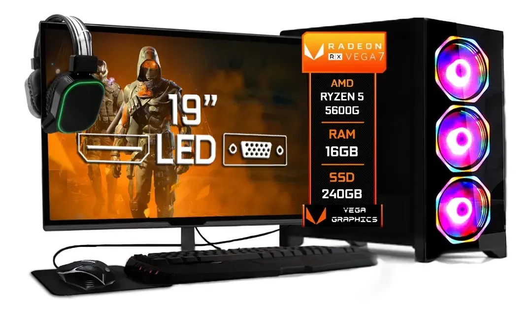 Computador De Mesa Fácil Computadores Gabinete Gamer Black 240 Gb Com Processador Amd Ryzen 5 5600g - R$ 3.965