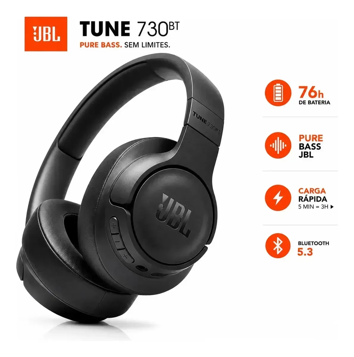Fone de Ouvido Bluetooth JBL Tune 730BT Headphones Over-ear Preto - R$ 274,38