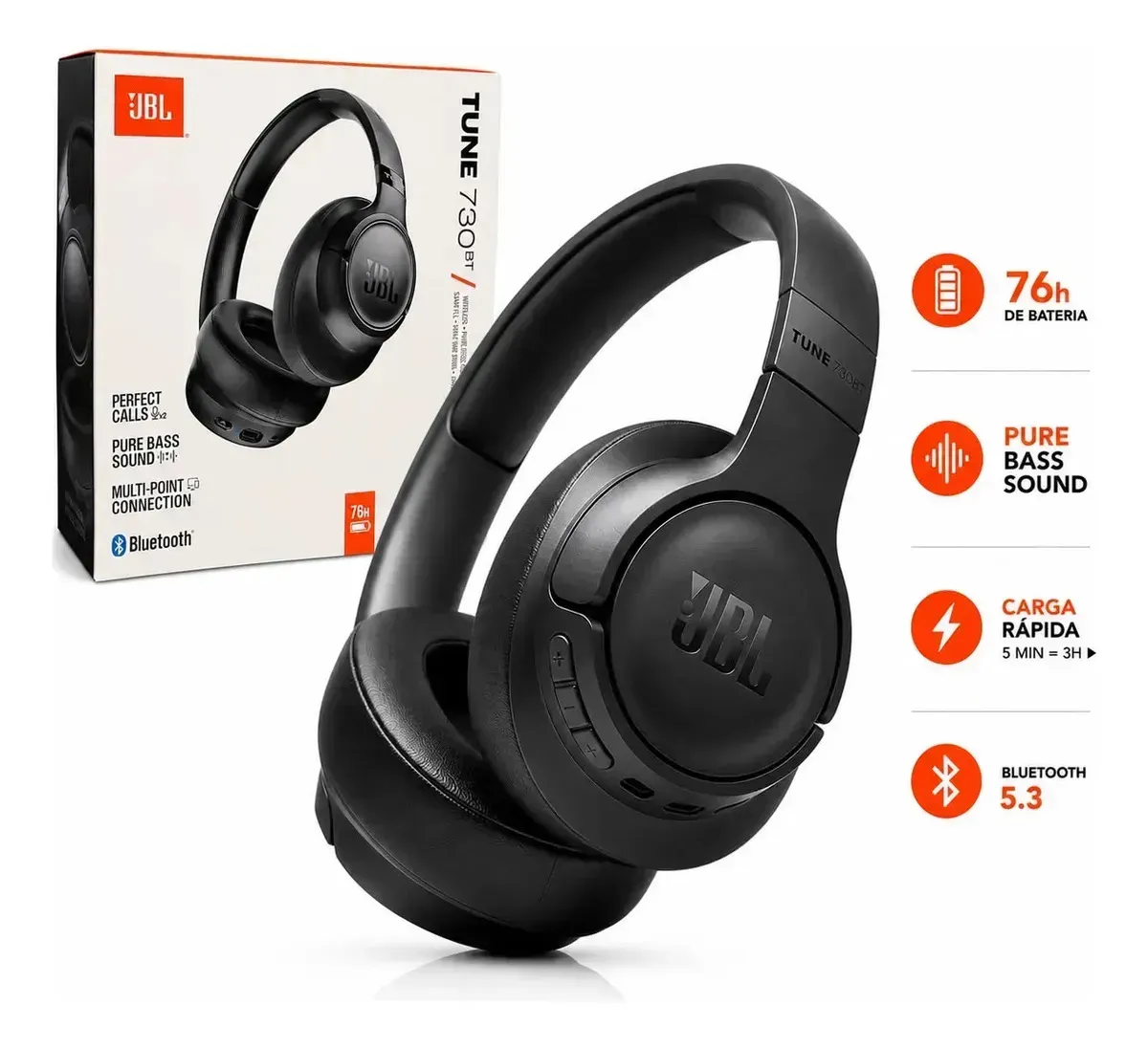 Fone de Ouvido Bluetooth JBL Tune 730BT Headphones Over-ear Preto - R$ 274,38
