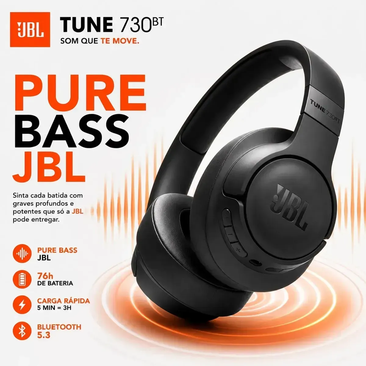 Fone de Ouvido Bluetooth JBL Tune 730BT Headphones Over-ear Preto - R$ 274,38