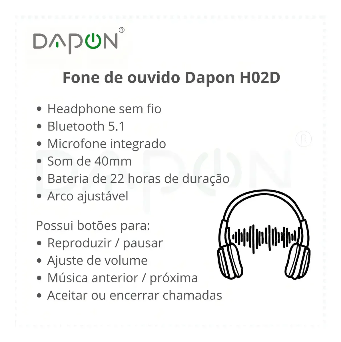 Fone De Ouvido Headphone Dapon H02D Bluetooth 5.1 Over-ear 22h Preto - R$ 78,9