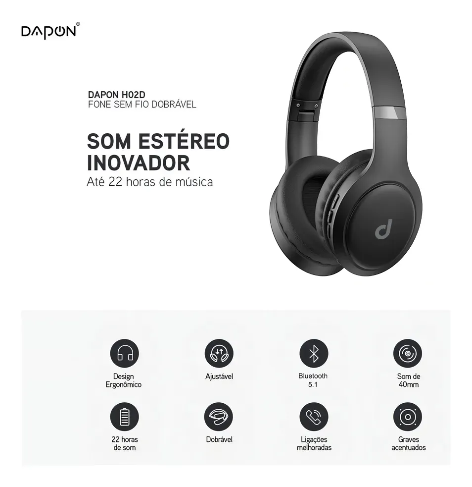 Fone De Ouvido Headphone Dapon H02D Bluetooth 5.1 Over-ear 22h Preto - R$ 78,9