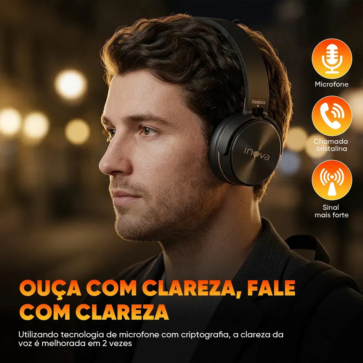 Fone de Ouvido Over-Ear Inova BT-950 Bluetooth 5.2 Sem Fio com Microfone e Redução de Ruído para Celular e Notebook - R$ 64,74