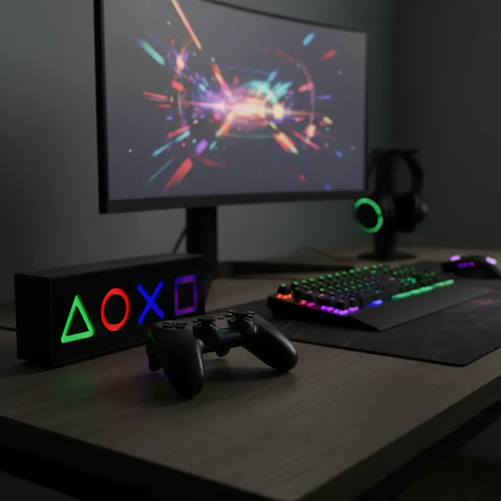 Luminária Play Abajur De Mesa Led Gamer Geek Mdf Psn - R$ 46,99
