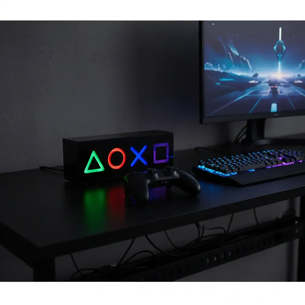 Luminária Play Abajur De Mesa Led Gamer Geek Mdf Psn - R$ 46,99