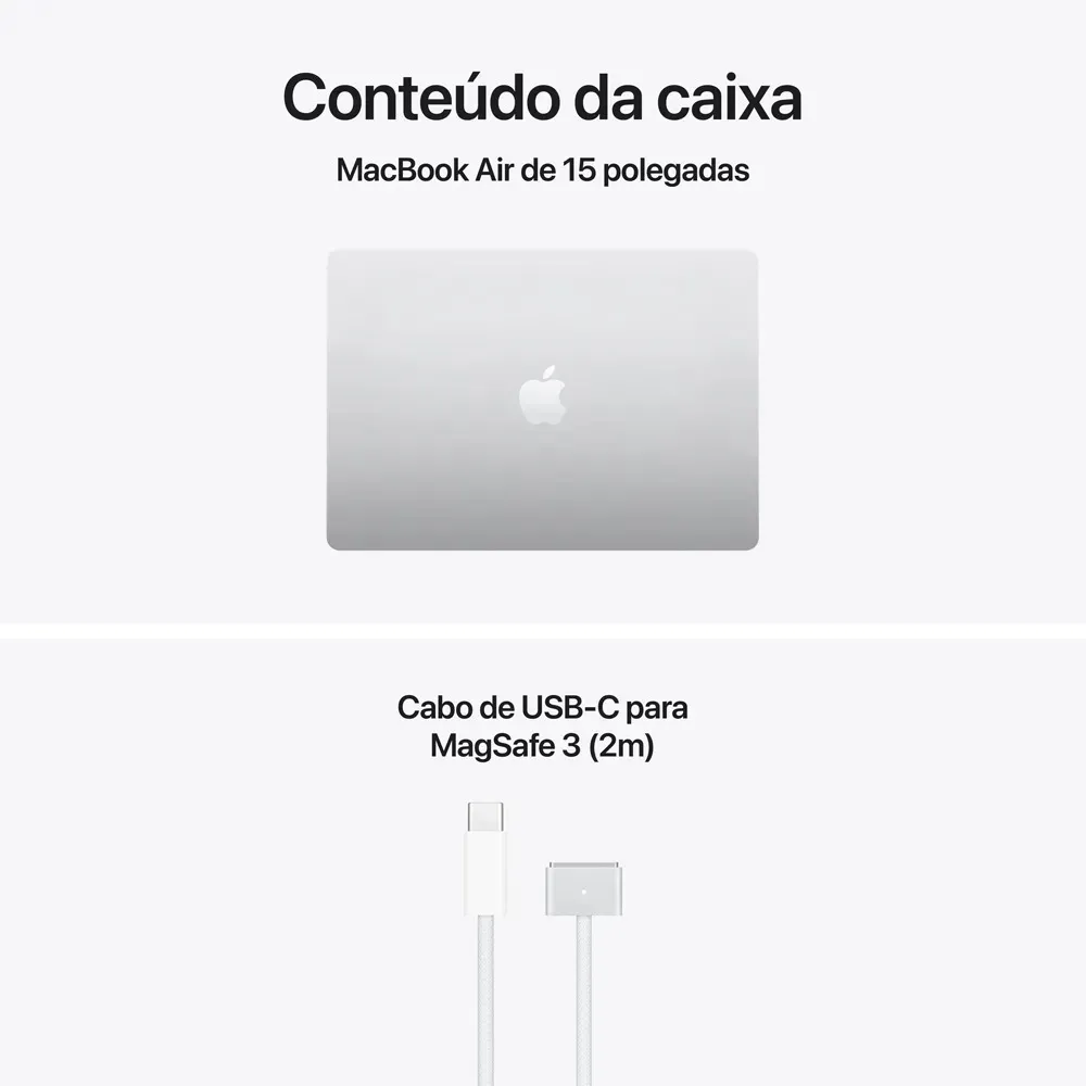 MacBook Air de 15 polegadas: Chip M5, CPU de 10 núcleos, GPU de 10 núcleos, Neural Engine de 16 núcleos, 512GB - Prateado - Distribuidor Autorizado - R$ 18.299