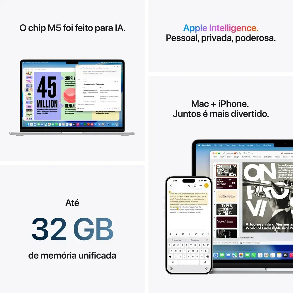 MacBook Air de 15 polegadas: Chip M5, CPU de 10 núcleos, GPU de 10 núcleos, Neural Engine de 16 núcleos, 512GB - Prateado - Distribuidor Autorizado - R$ 18.299
