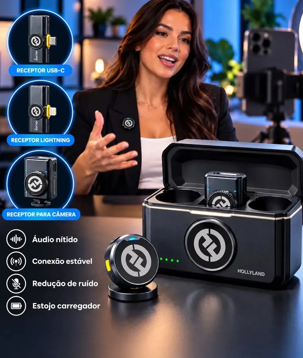 Microfone de lapela Hollyland Lark M2 Combo Preto. Sem Fio Duplo Com Cancelamento de Ruído USB-C Lightning Para iPhone Android Câmera Entrevistas Com Estojo de Carregamento Áudio 48kHz 24-bit - R$ 653