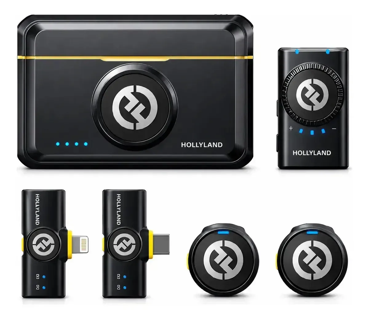 Microfone de lapela Hollyland Lark M2 Combo Preto. Sem Fio Duplo Com Cancelamento de Ruído USB-C Lightning Para iPhone Android Câmera Entrevistas Com Estojo de Carregamento Áudio 48kHz 24-bit - R$ 653