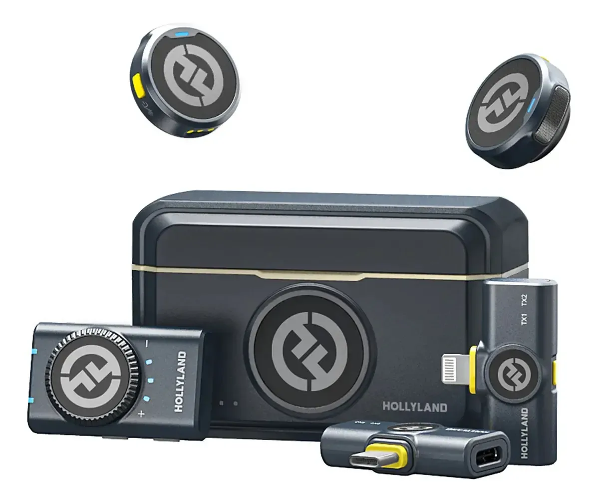 Microfone de lapela Hollyland Lark M2 Combo Preto. Sem Fio Duplo Com Cancelamento de Ruído USB-C Lightning Para iPhone Android Câmera Entrevistas Com Estojo de Carregamento Áudio 48kHz 24-bit - R$ 653