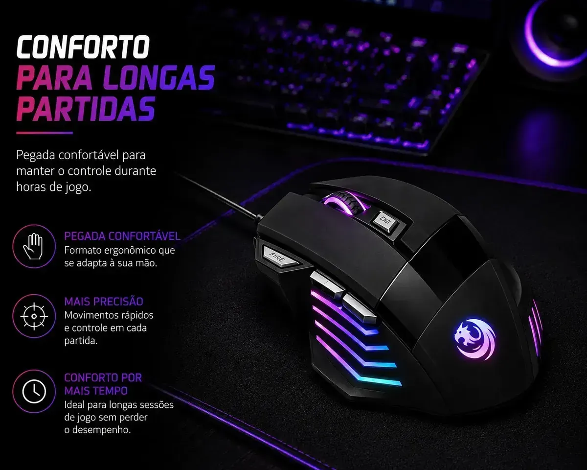 Mouse Gamer RGB USB Com Fio 3200 DPI Ajustável 7 Botões Fire Button LED 7 Cores Para PC Ergonômico