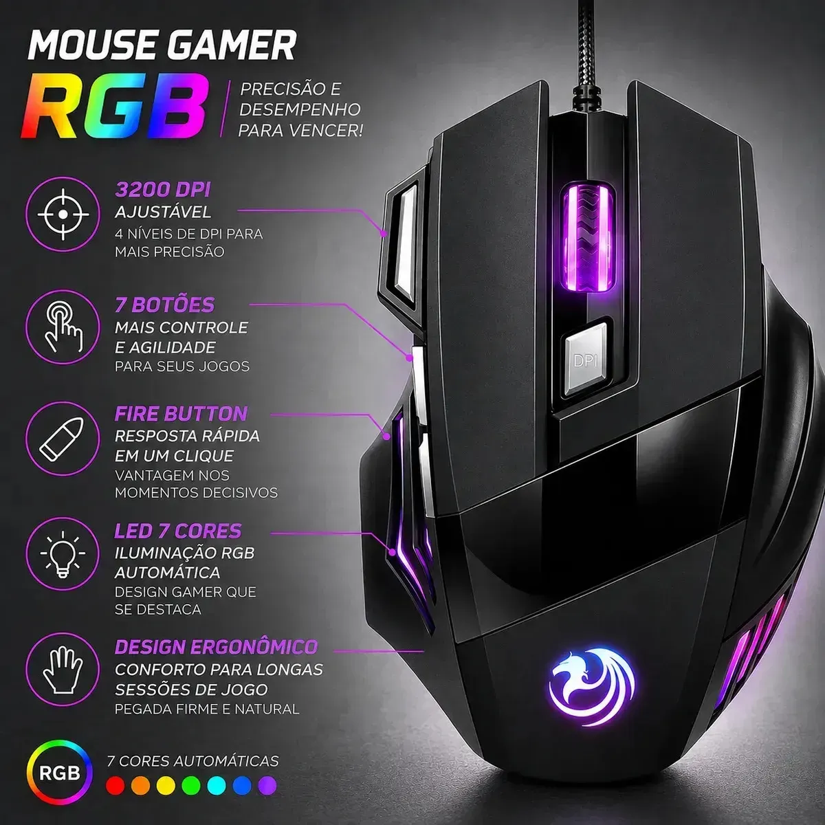 Mouse Gamer RGB USB Com Fio 3200 DPI Ajustável 7 Botões Fire Button LED 7 Cores Para PC Ergonômico