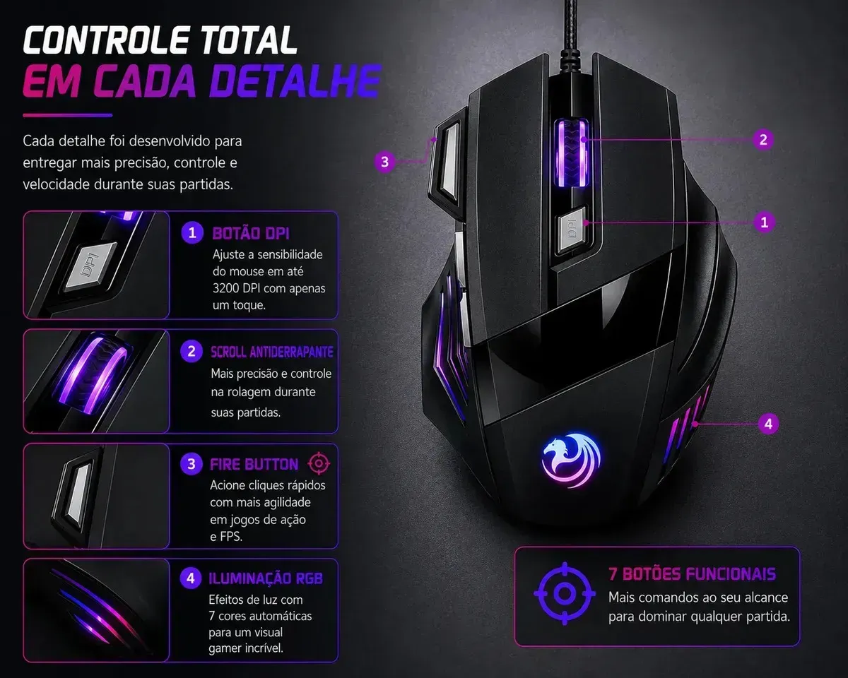 Mouse Gamer RGB USB Com Fio 3200 DPI Ajustável 7 Botões Fire Button LED 7 Cores Para PC Ergonômico