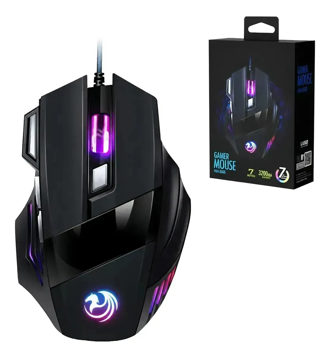 Mouse Gamer RGB USB Com Fio 3200 DPI Ajustável 7 Botões Fire Button LED 7 Cores Para PC Ergonômico