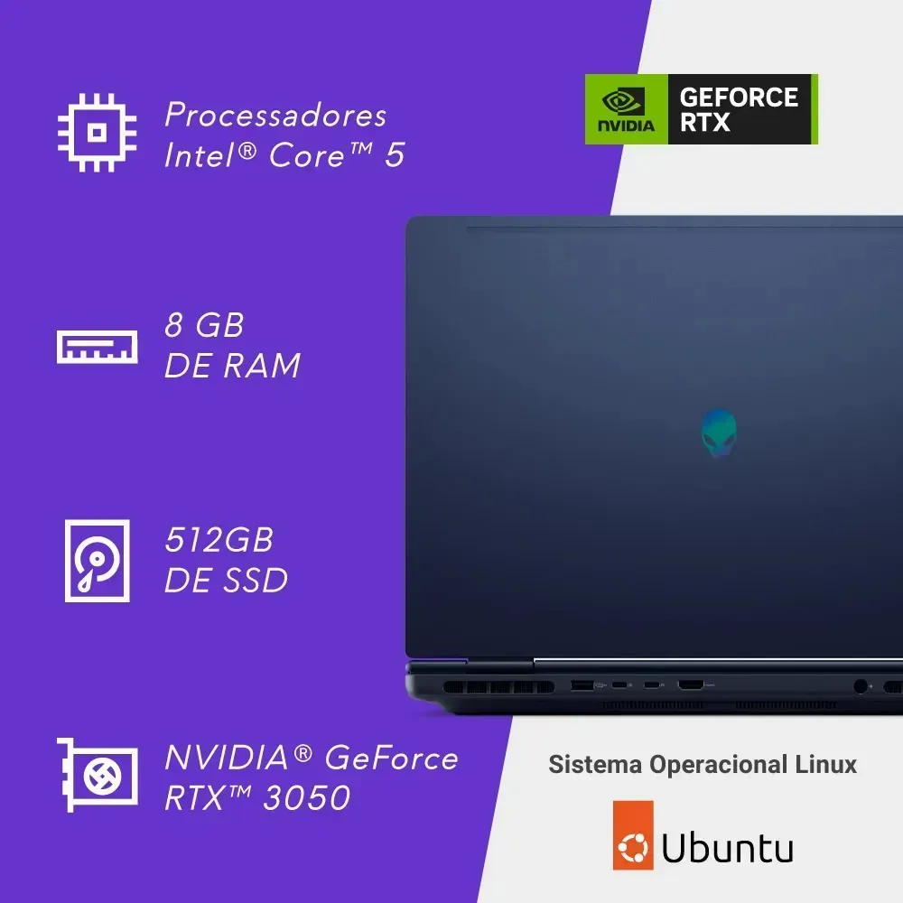 Notebook Gamer Alienware DA15-C5210H-D10 Core 5 8GB 512GB RTX 3050 Linux - R$ 6.299
