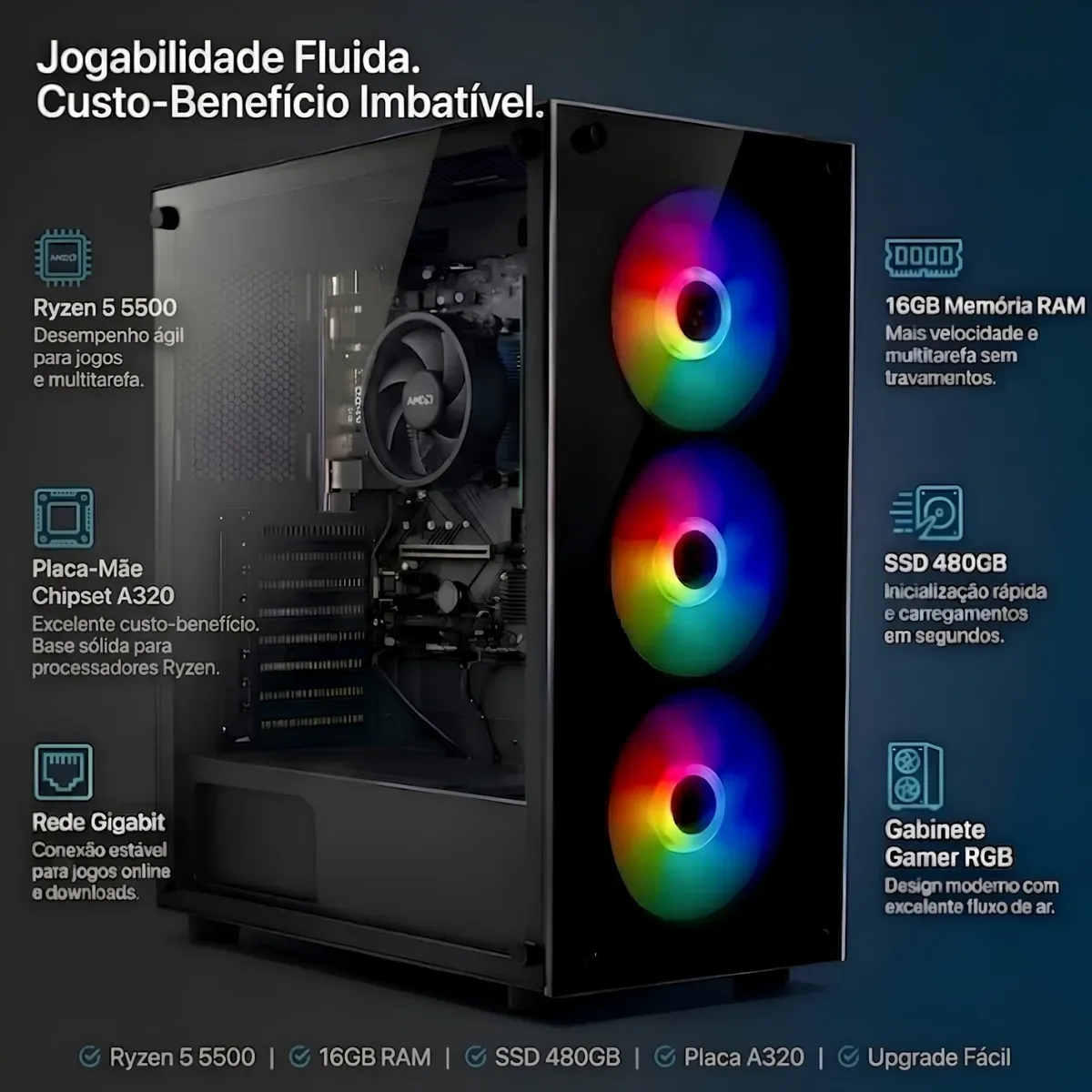 Pc Computador Cpu Gamer Amd Ryzen 5 Memoria 16gb Ssd 480gb - R$ 3.344,75