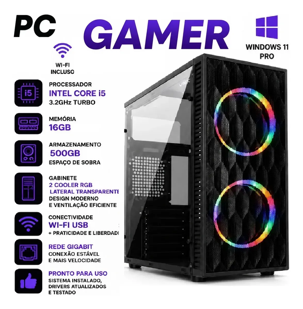 Pc Cpu Gamer Barato Core I5 3.2ghz Turbo 16gb + 500gb + Wifi - R$ 1.499