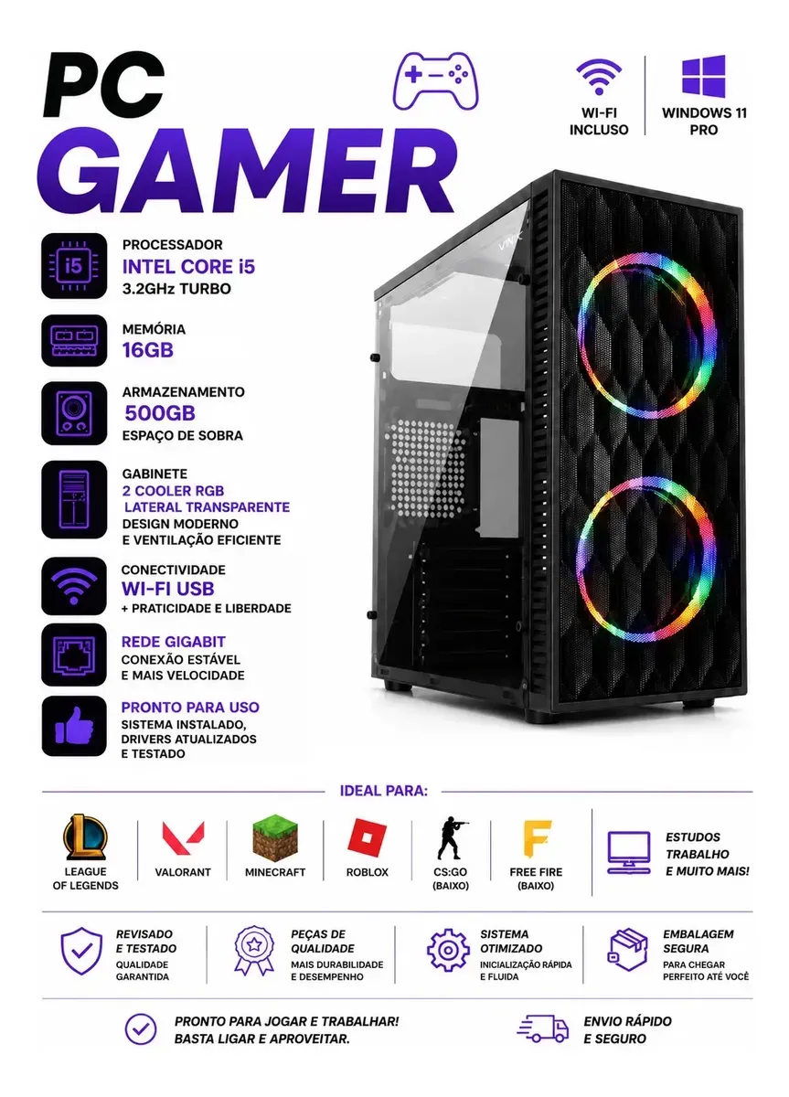 Pc Cpu Gamer Barato Core I5 3.2ghz Turbo 16gb + 500gb + Wifi - R$ 1.499