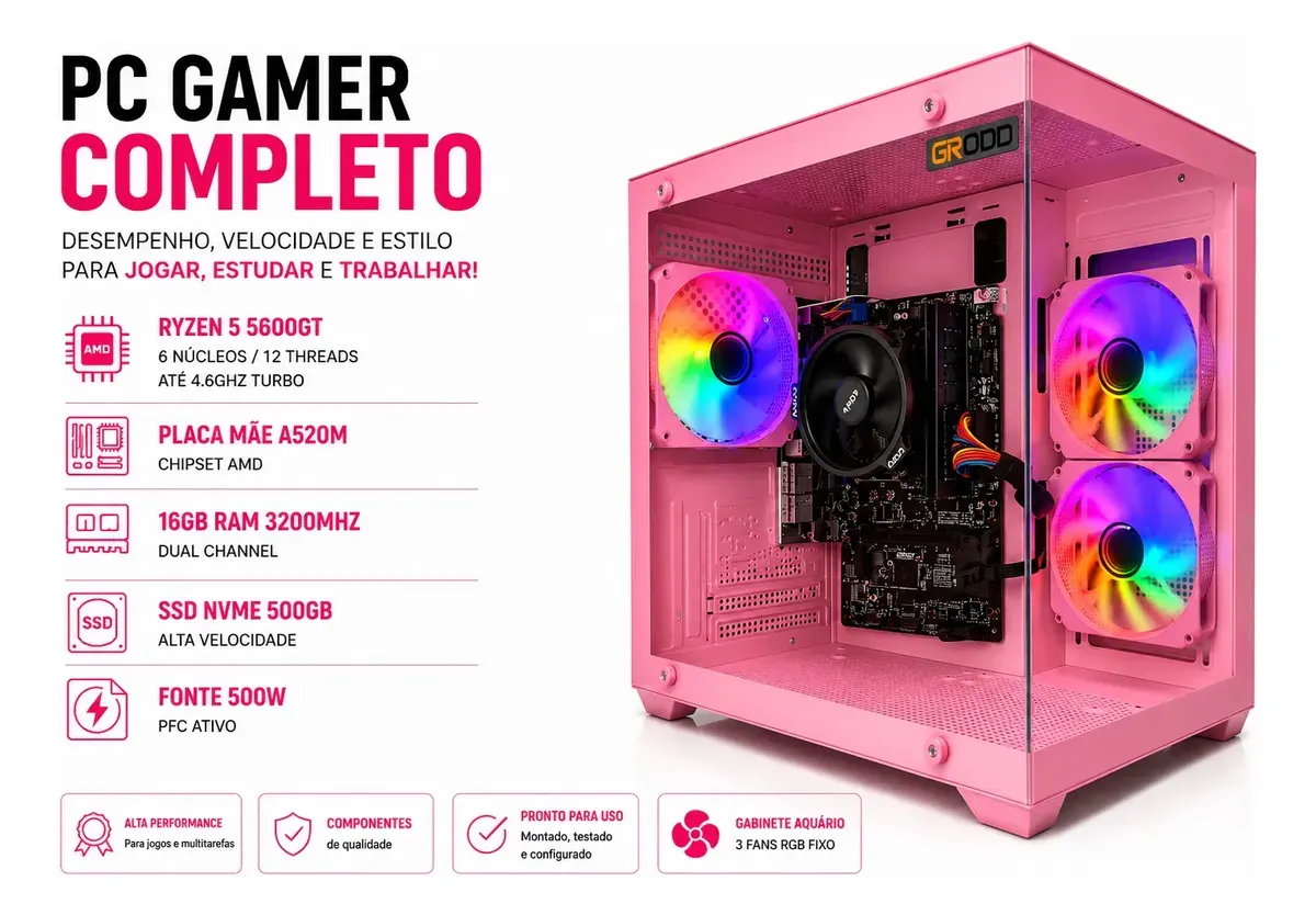 Pc Gamer Amd Ryzen 5 5600gt, A520m, 16gb Ddr4, Nvme 500gb - R$ 3.649,99